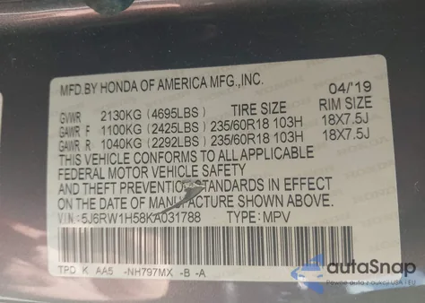 2019 Honda Cr-V Ex из США, поврежденный, VIN 5J6RW1H58KA031788